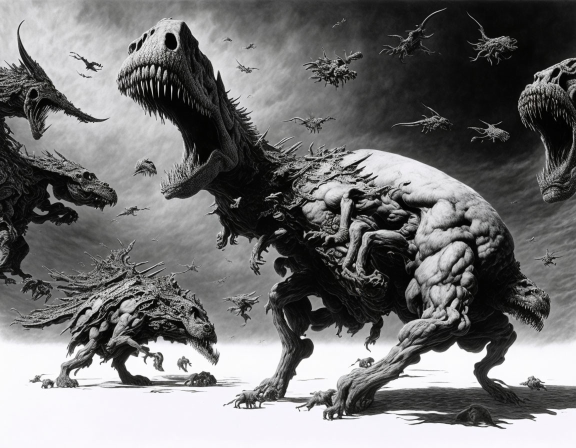 Monochrome fantasy illustration: muscular dinosaurs charging under a sky with pterosaur-like creatures