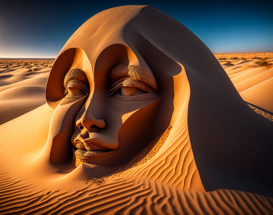 Surreal image: Human face merges with desert dunes under warm sky