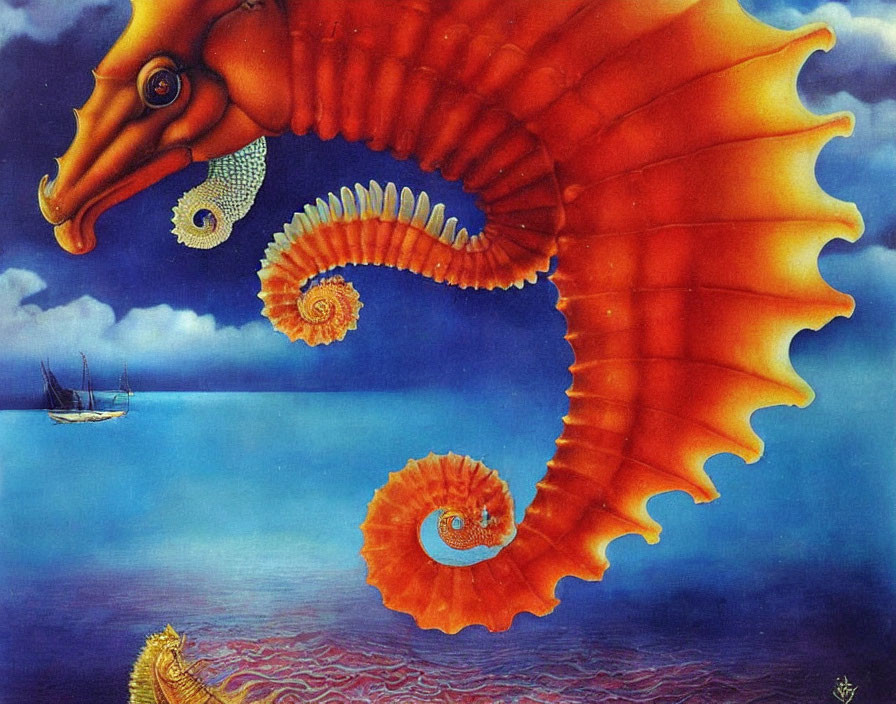 Colorful Surreal Artwork: Oversized Orange Seahorse Floating Above Blue Sea