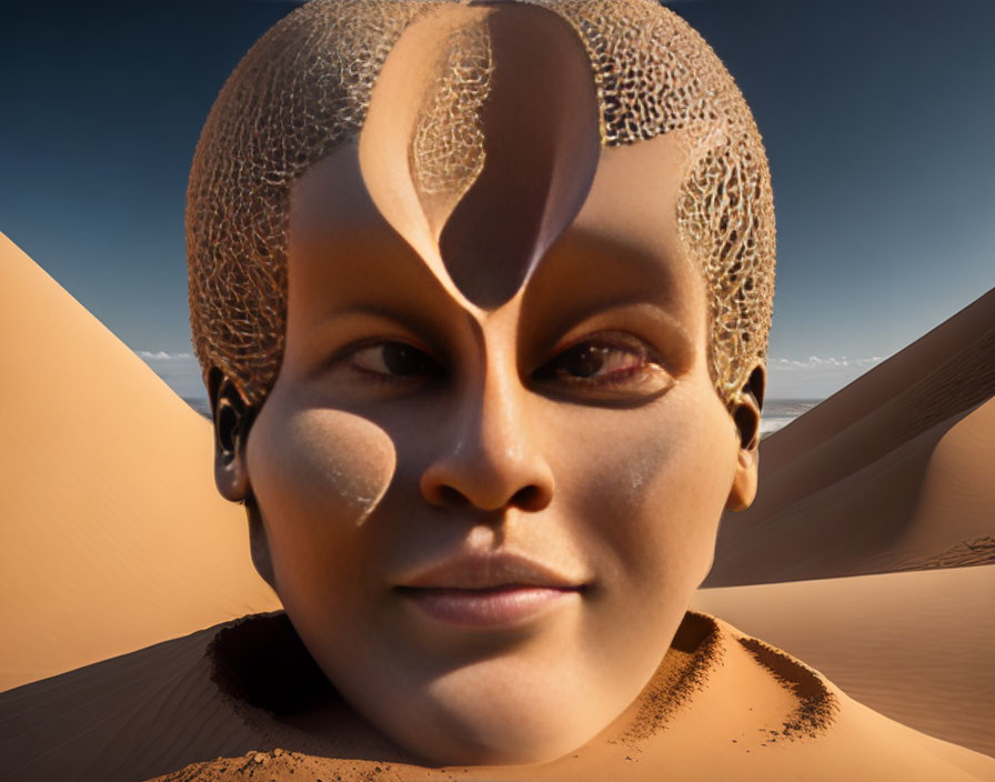 Split-face humanoid figure with desert landscape inside head against sand dunes.