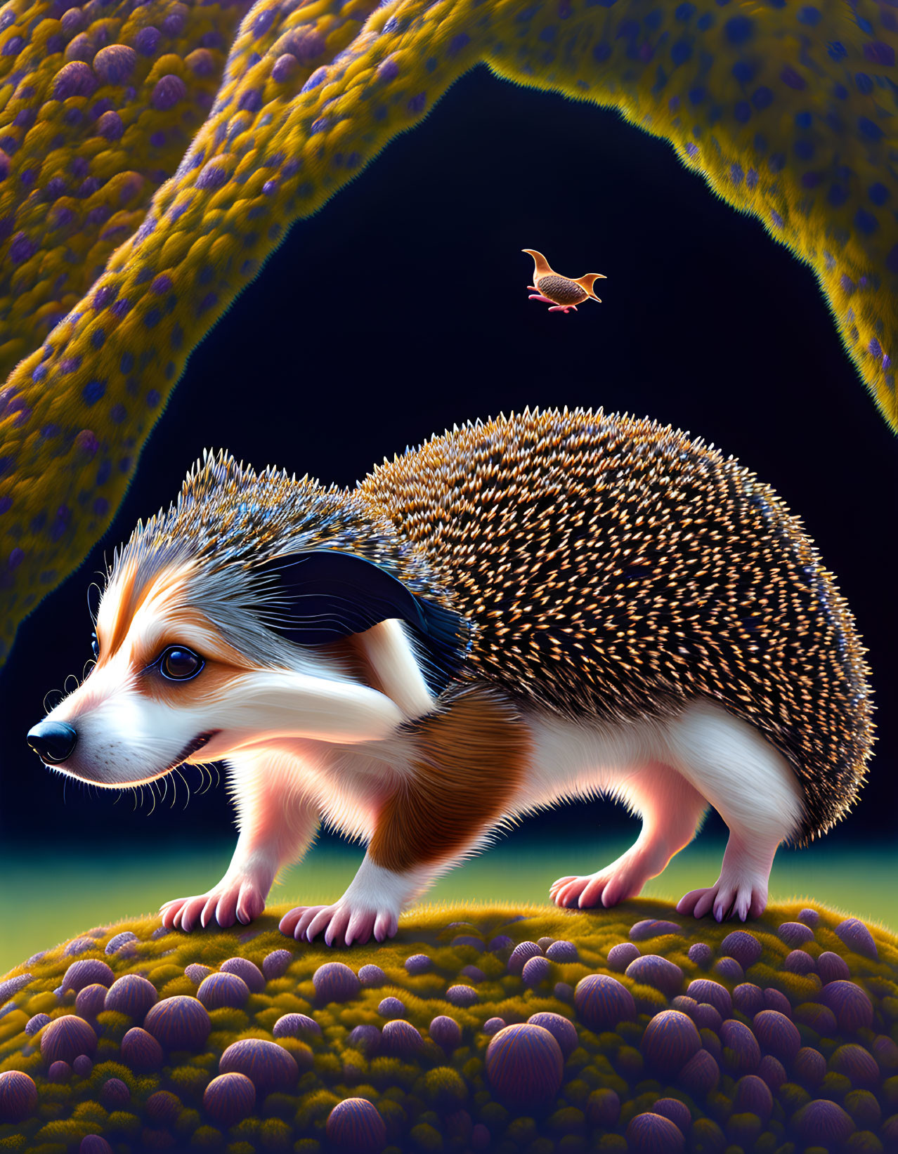 Illustration of hedgehog-bodied creature with fox face in mossy setting.