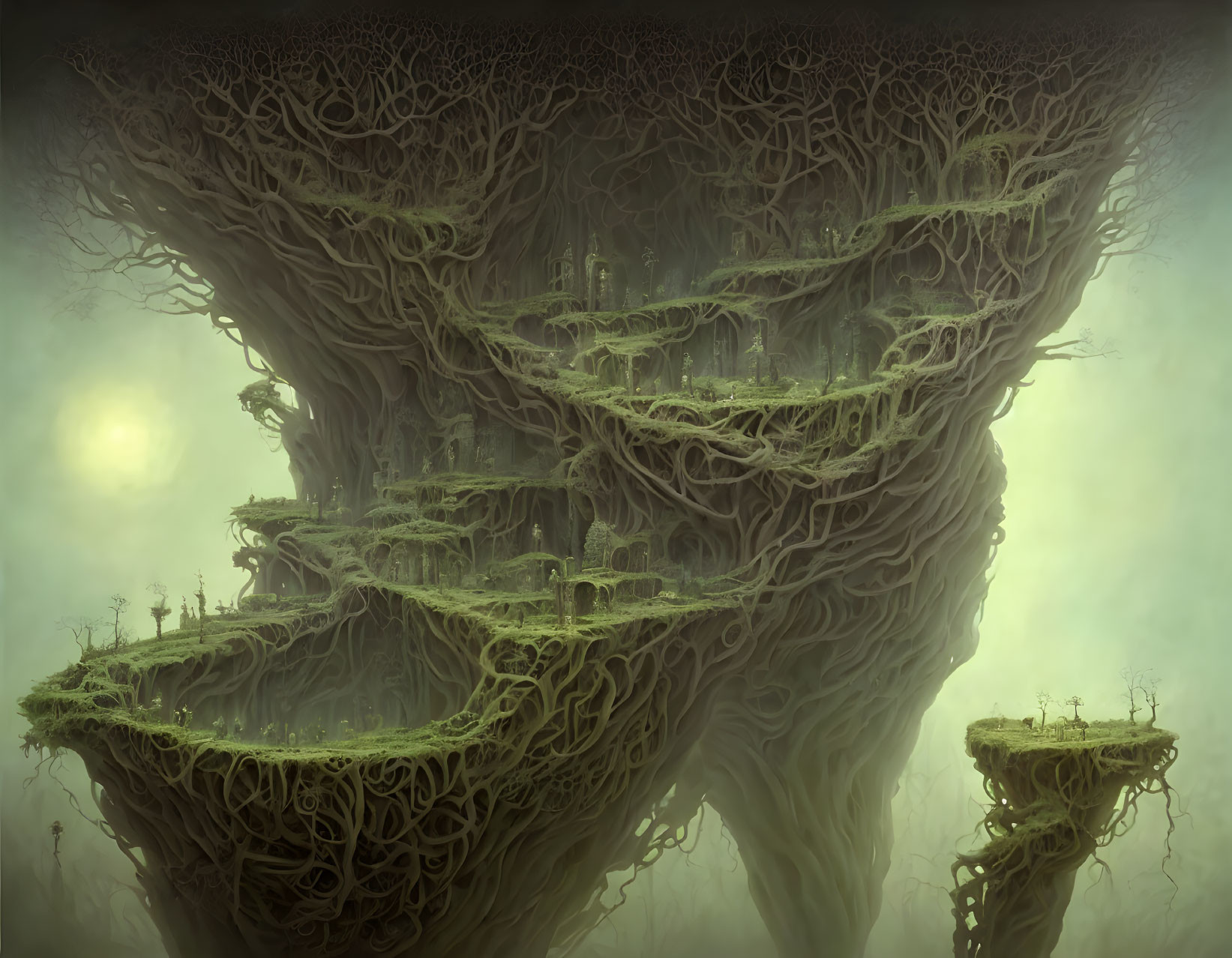 Ethereal floating island with intricate tree roots and ancient ruins in mystic foggy setting