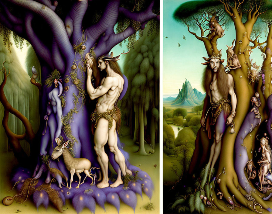 Surreal painting of centaur-like creatures in fantastical forest