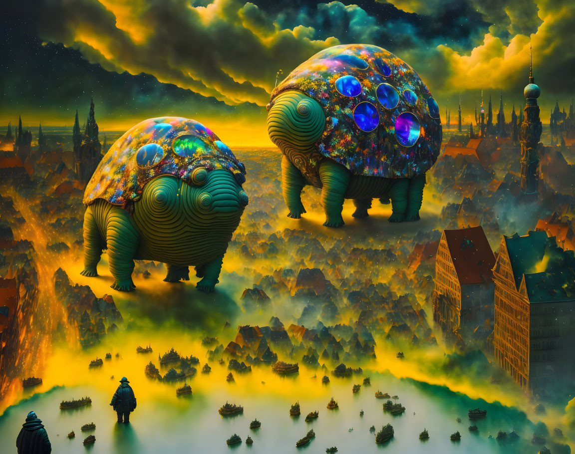 Colorful giant turtle-like creatures in surreal cityscape at dusk