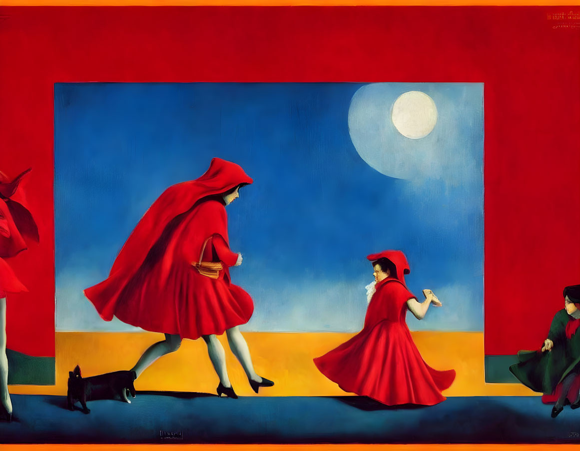 Colorful painting of figures in red cloaks against red backdrop and blue sky.