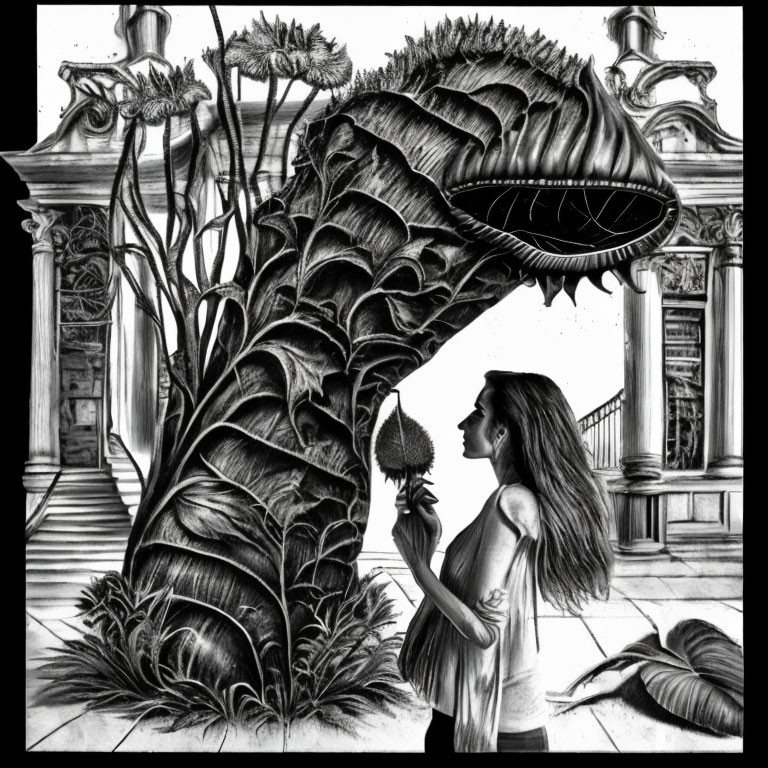 Woman standing in front of a menacing Venus flytrap-like plant near ornate building facade