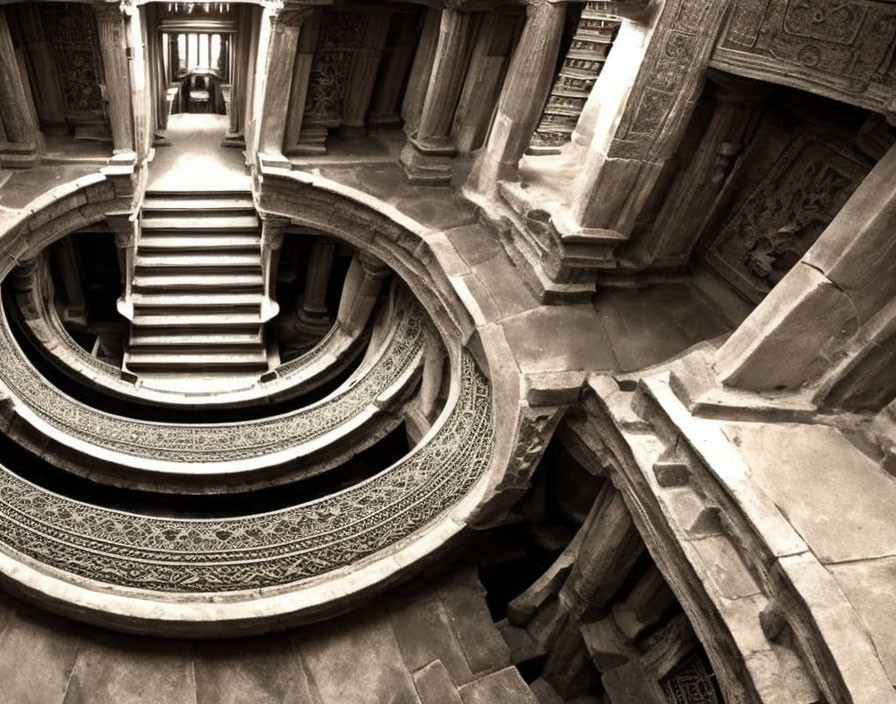 Ancient Stone Staircase Leading to Subterranean Structure with Ornate Carvings