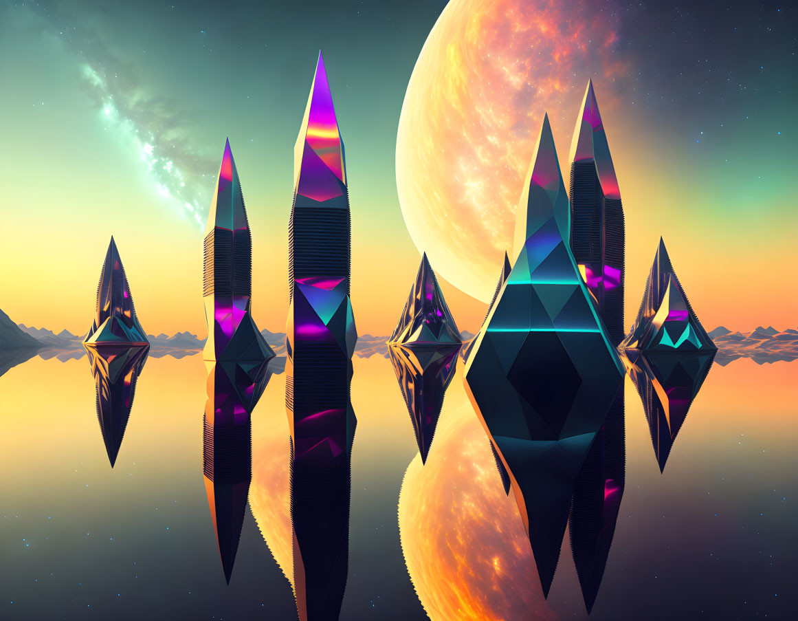 Multicolored crystal towers in futuristic landscape