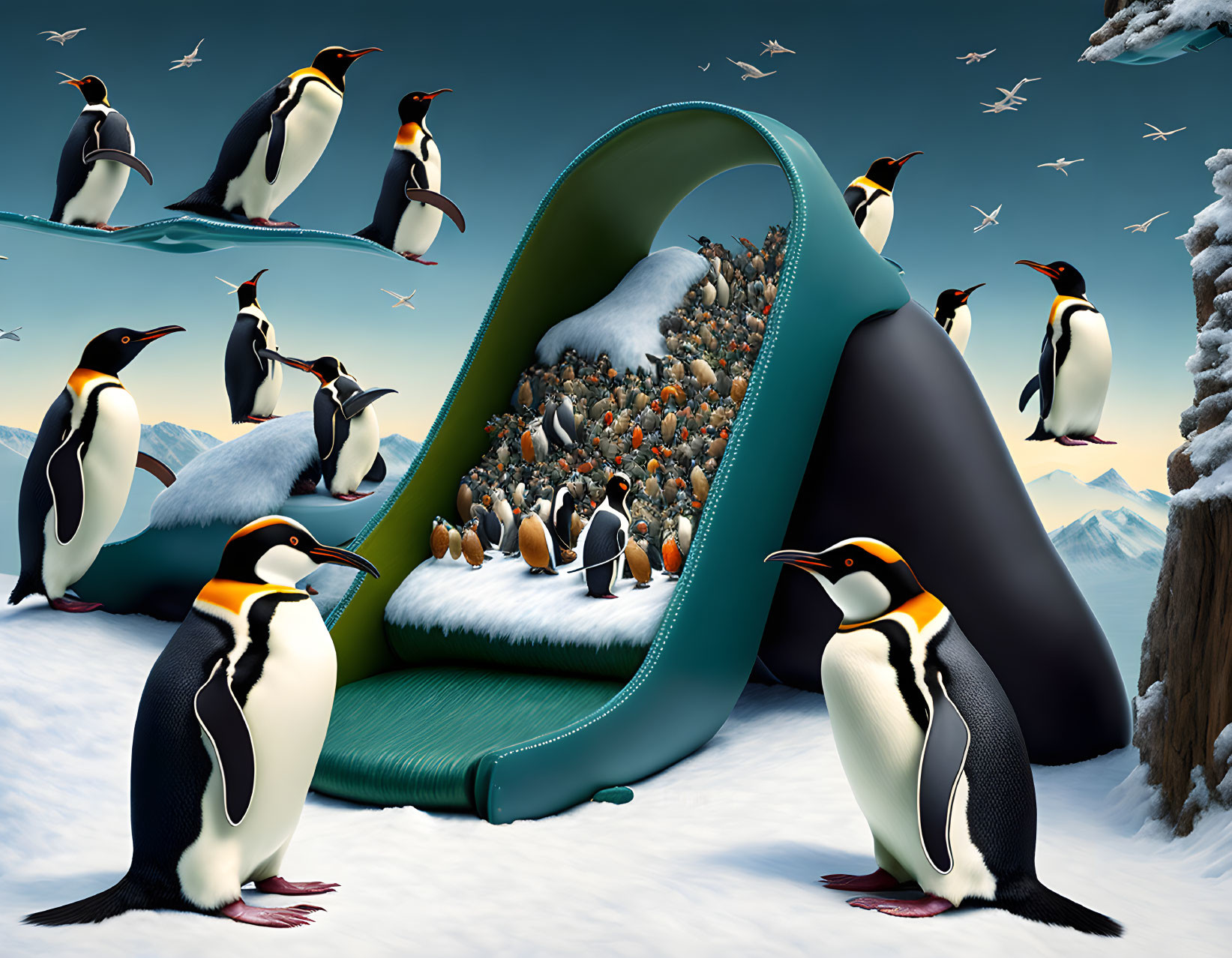 Penguins sliding down grassy slide with flying penguins and snowy mountains