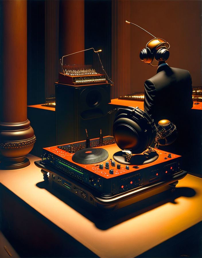 Stylized painting of DJ equipment with headphones in warm lighting