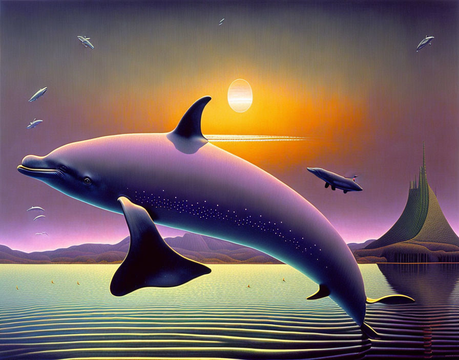 Stylized image: Dolphin leaping over sunset water