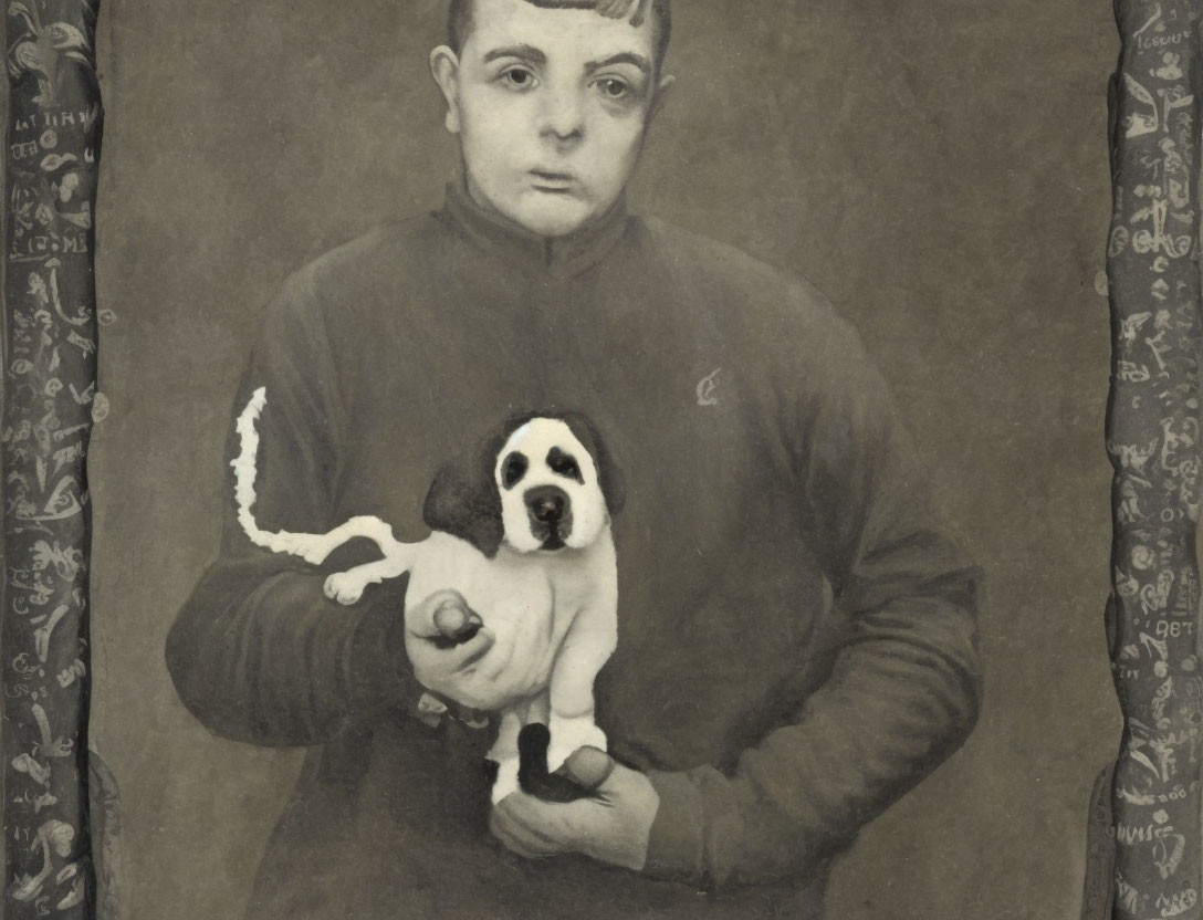 Monochrome vintage photo of boy with white puppy