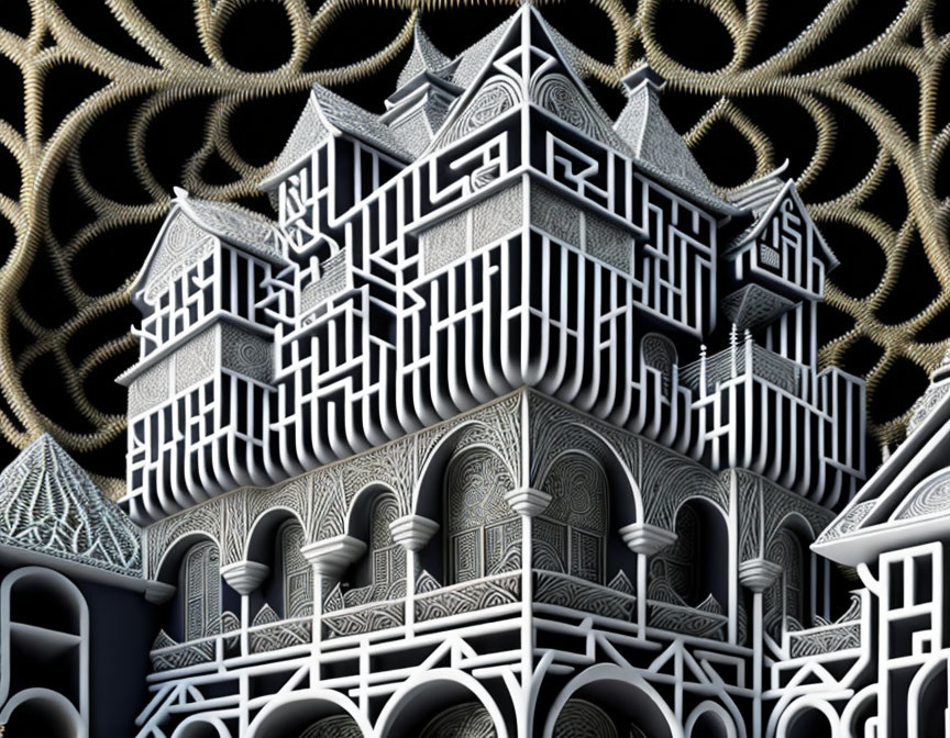 Monochrome illusion blending architecture with vortex pattern.