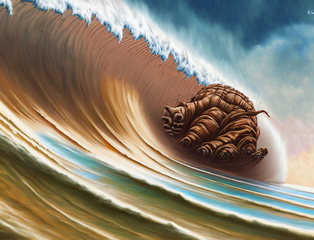 Enormous surreal snail riding giant wave in dramatic sky