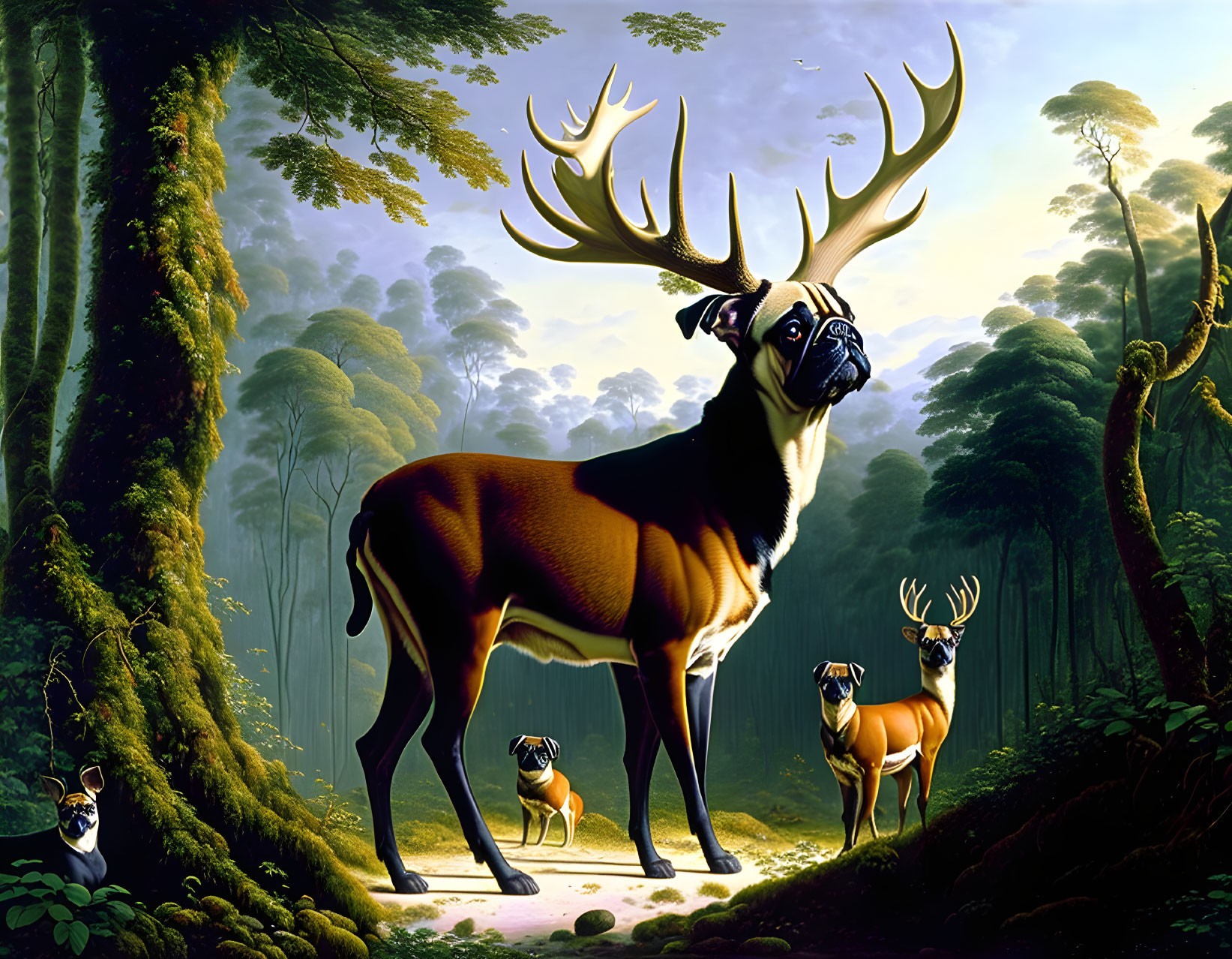 Surreal artwork: Stag with pug dog head & pug-headed deer in misty