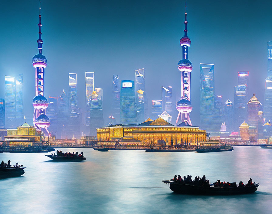 Night view of Shanghai skyline with Oriental Pearl Tower, skyscrapers, and river boats.