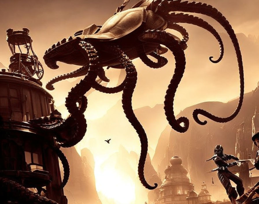 Giant alien squid-like creature in sci-fi cityscape under dusky sky