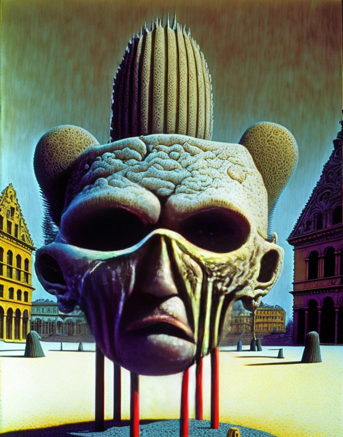 Surreal oversized head with brain texture, sunglasses, cactus, and buildings in plaza