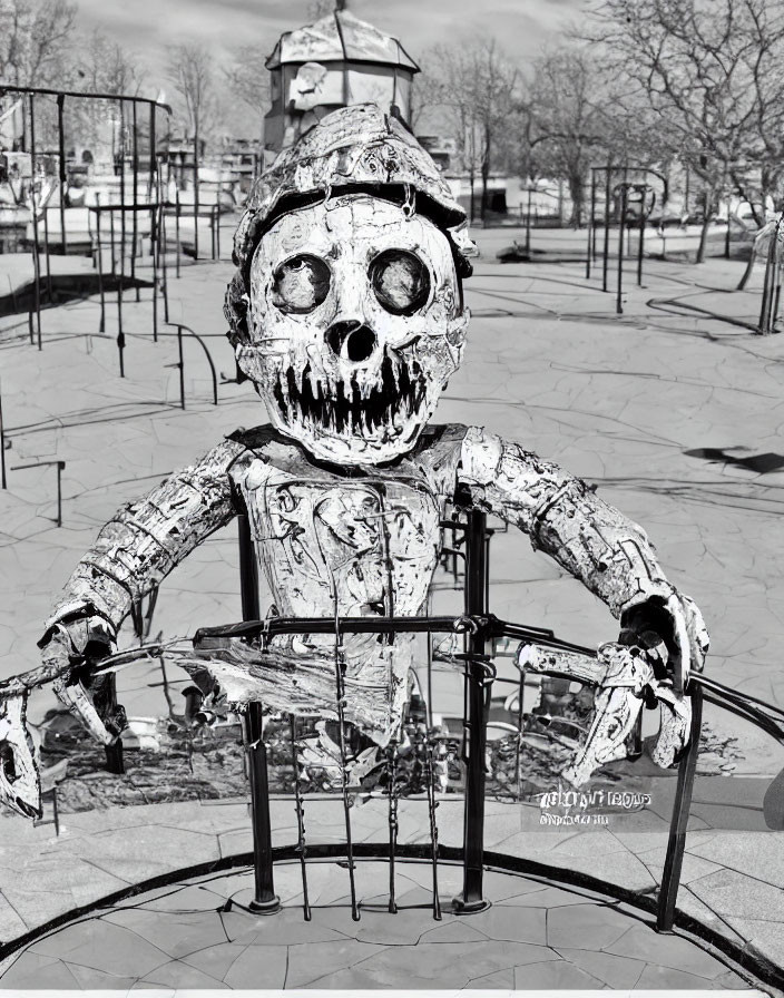 Metallic skeleton sculpture with grinning skull in park bench scene