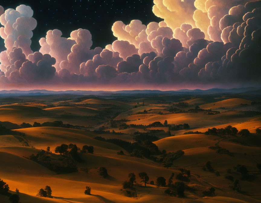 Tranquil Dusk Landscape with Rolling Hills and Starry Sky