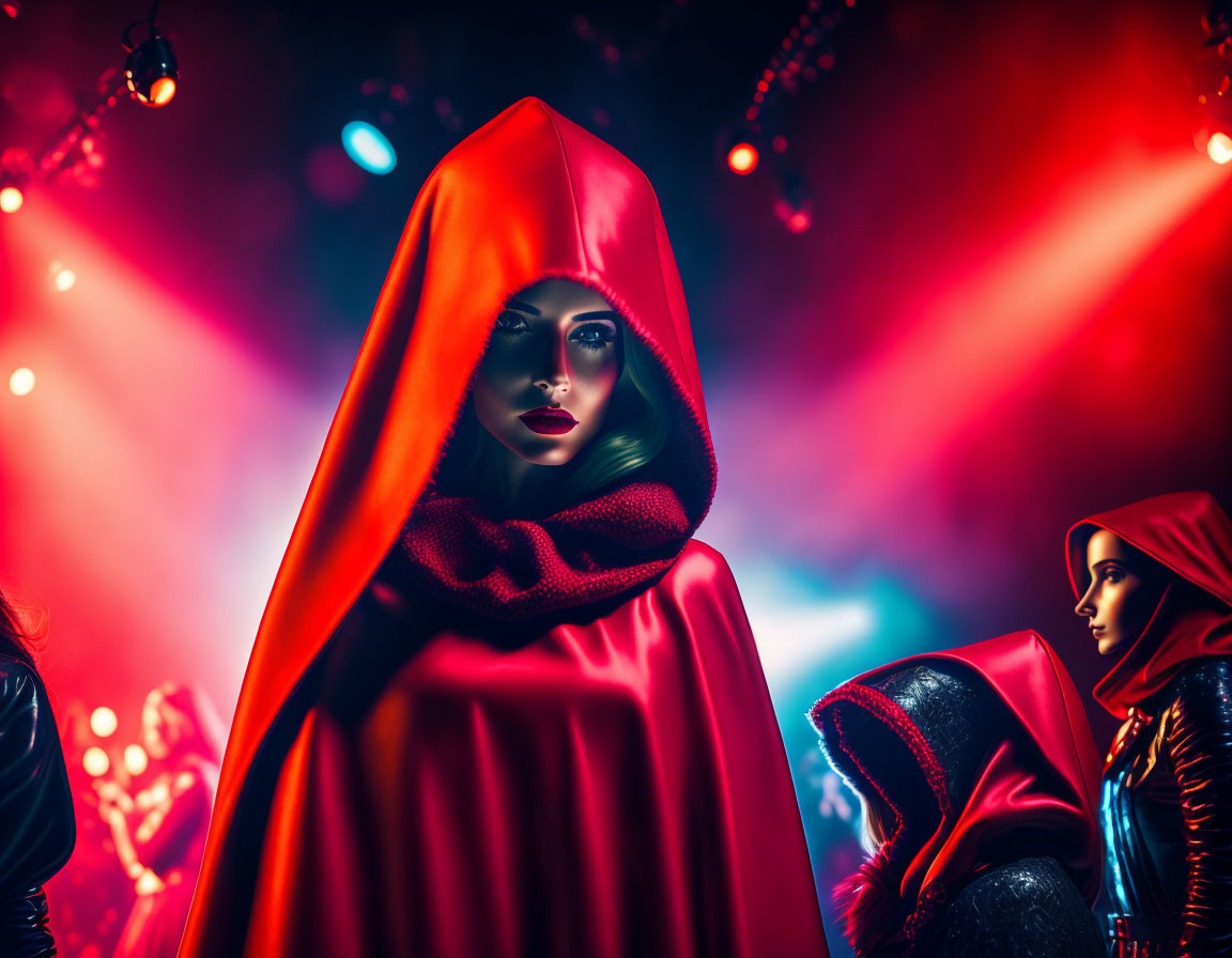 Enigmatic figure in vibrant red cloak surrounded by ethereal lighting and silhouettes