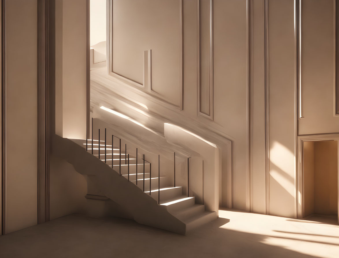 Modern staircase in elegant interior space with warm natural light and large windows