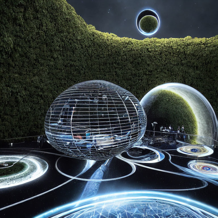 Futuristic spherical structure in cosmic garden under starry sky