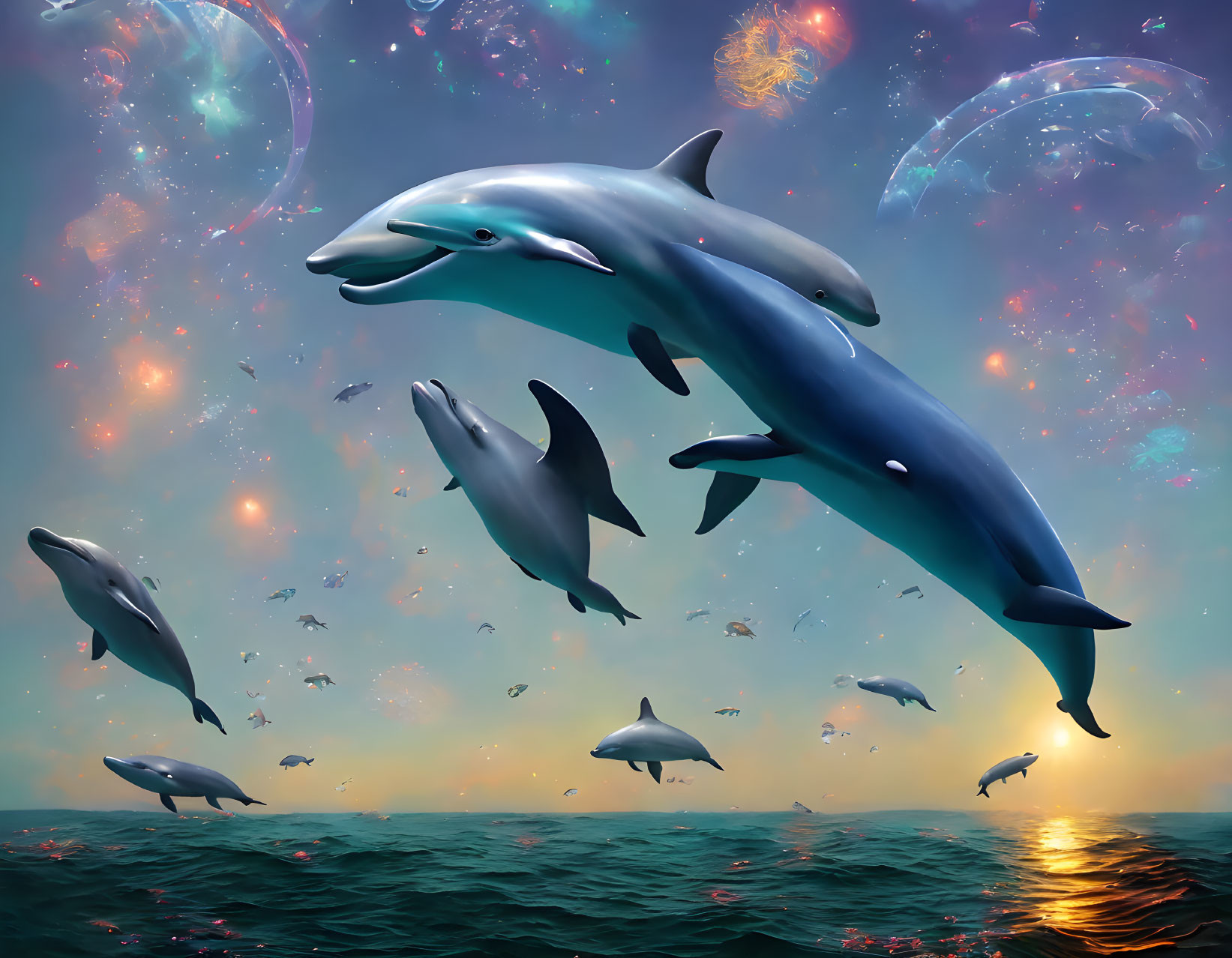 Dolphins leaping into surreal cosmic sky with nebulae