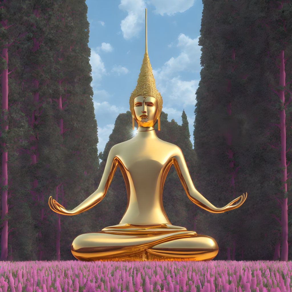 Golden Meditative Figure with Elongated Crown in Tranquil Purple Forest