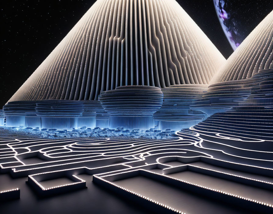 Futuristic cityscape with illuminated circuit-like patterns and white domes under starry sky.