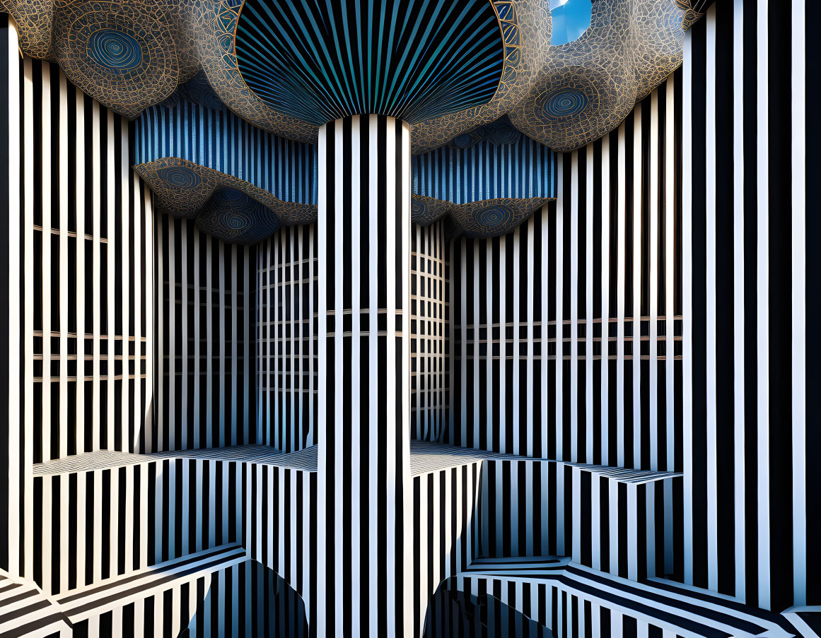 Geometric Black and White Striped Pillars with Ornate Symmetric Ceilings