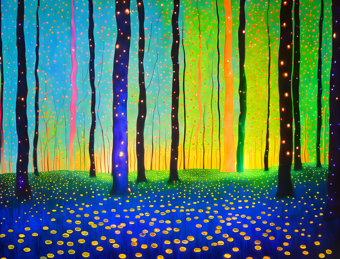 Colorful Forest Scene with Whimsical Trees and Glowing Dots