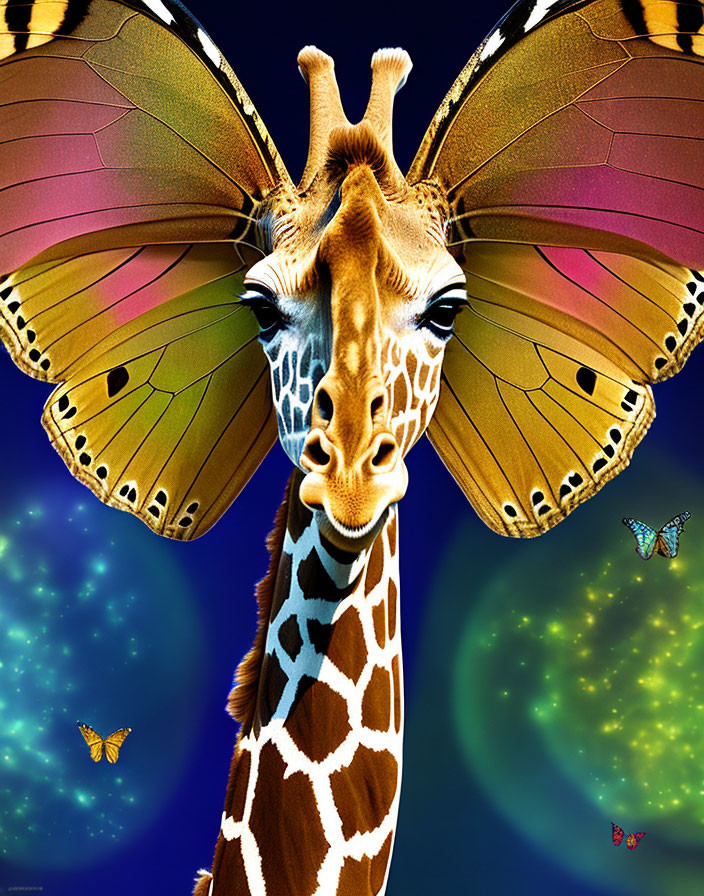 Giraffe face with butterfly wing ears on starry background