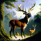 Fantasy landscape with greenery, waterfalls, cliffs, and deer.