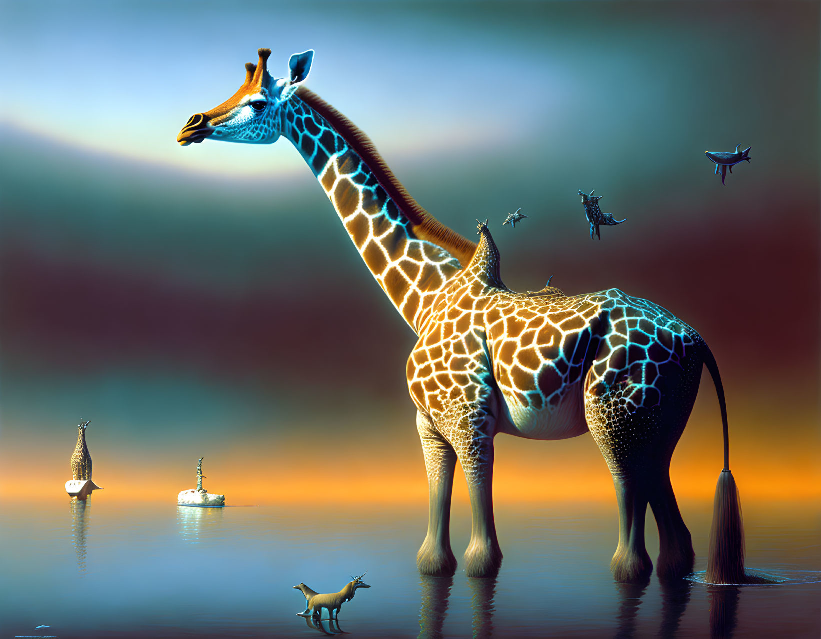 Surreal giraffe illustration with sea creatures and boats on sunset gradient.