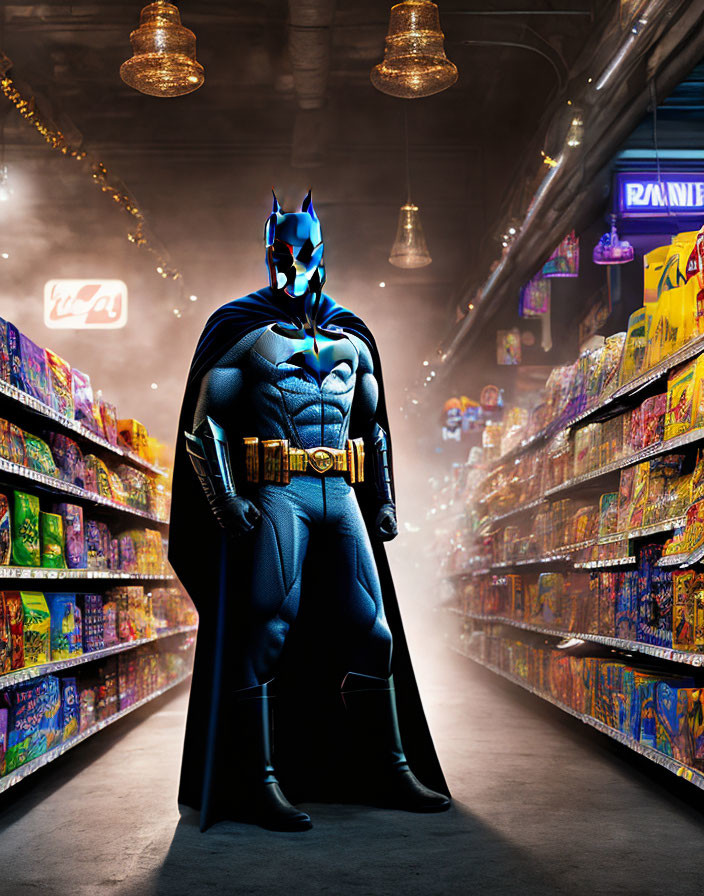 Superhero in grocery store aisle surrounded by colorful cereal boxes under warm pendant lights.