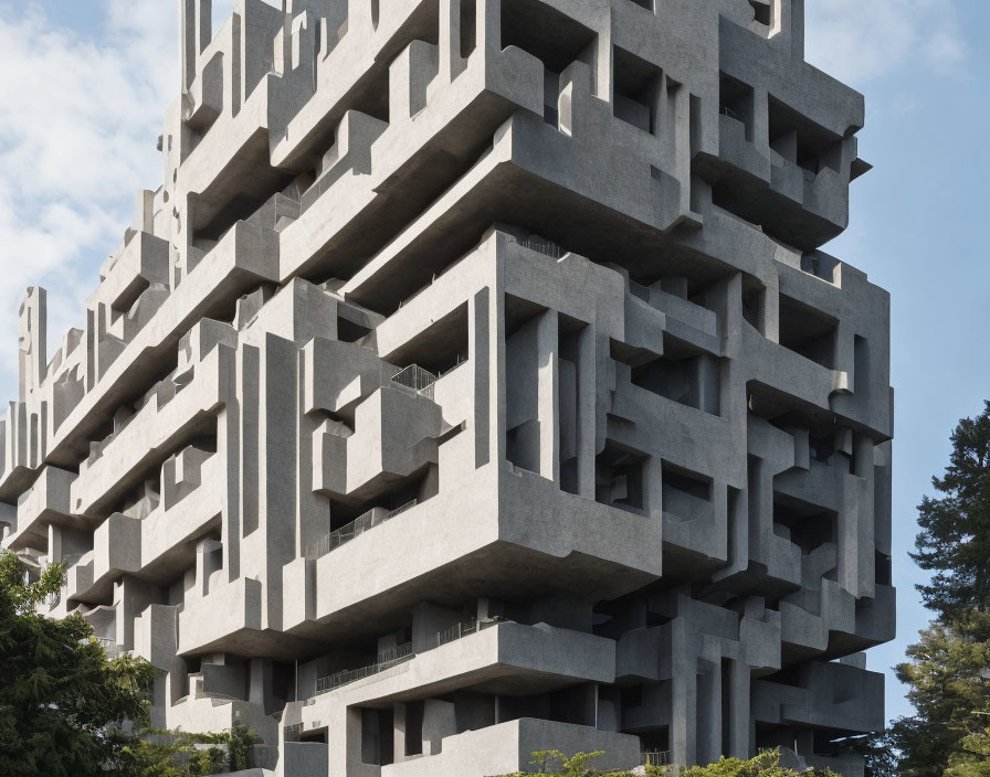 Modernist Brutalist Building with Geometric Concrete Modules against Blue Sky