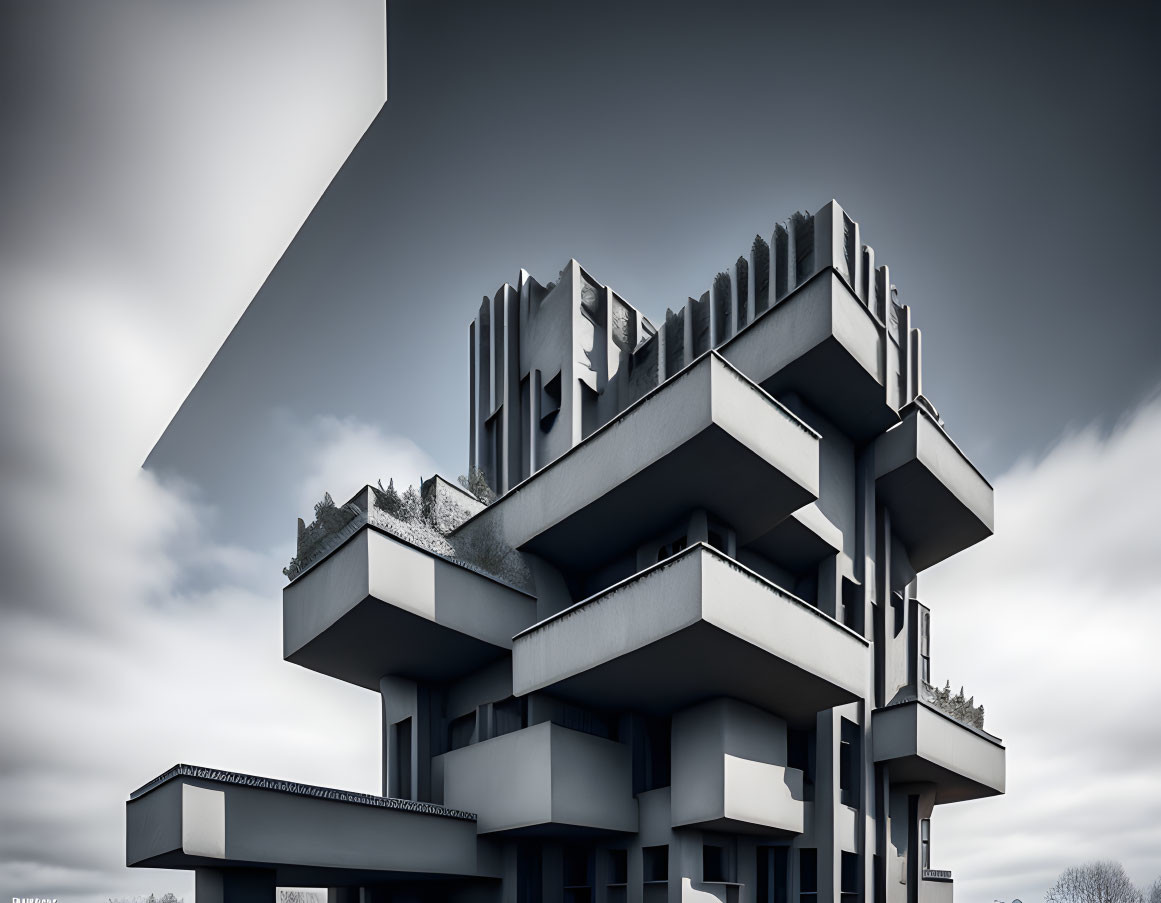 Geometric multi-level modernist structure with brutalist elements under cloudy sky