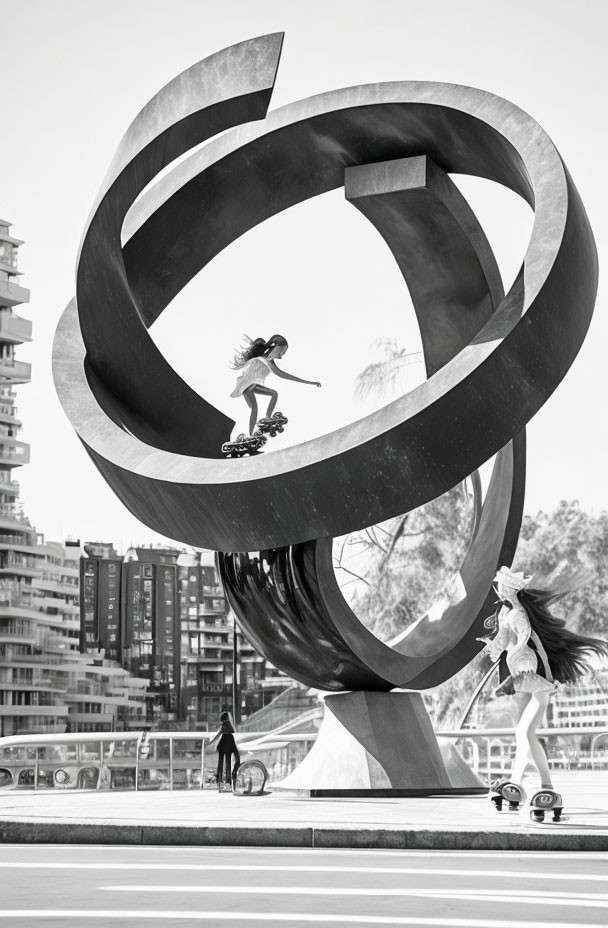 Skateboarder mid-air trick on curved metal sculpture in urban setting