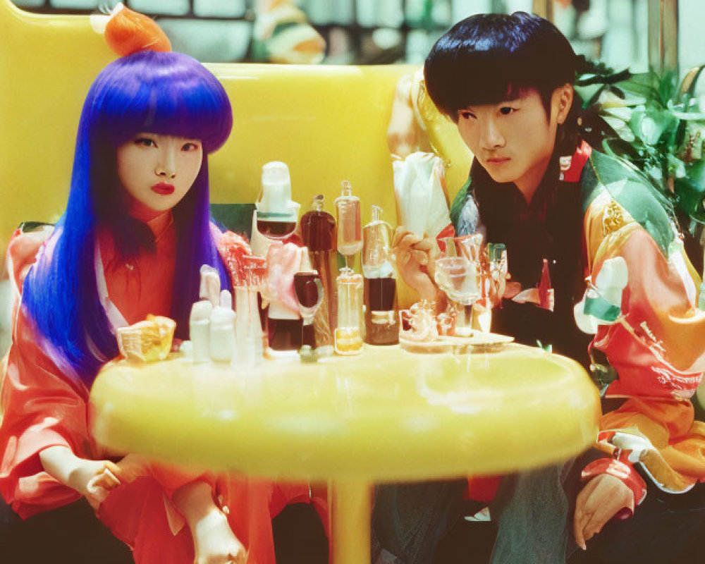 Two individuals with bright blue hair at a yellow diner table with condiments and drinks.