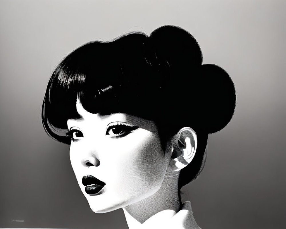 Monochrome portrait of woman with dramatic makeup and updo