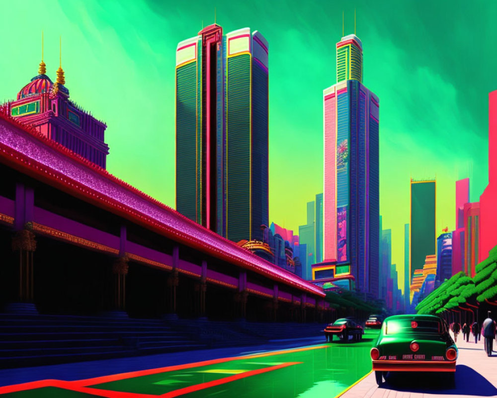 Futuristic cityscape digital artwork with neon colors, skyscrapers, vintage car, monor