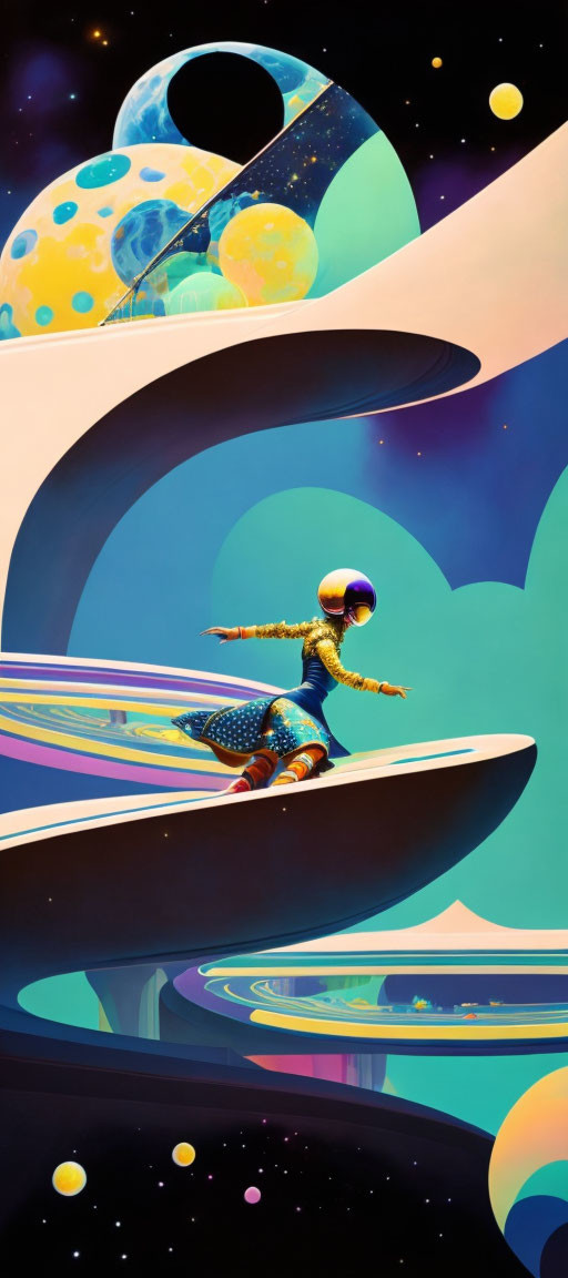 Colorful Spacesuit Surfer Riding Cosmic Waves in Vibrant Outer Space