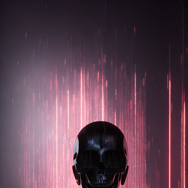 Black Skull on Purple Background with Neon Pink Digital Rain Effect