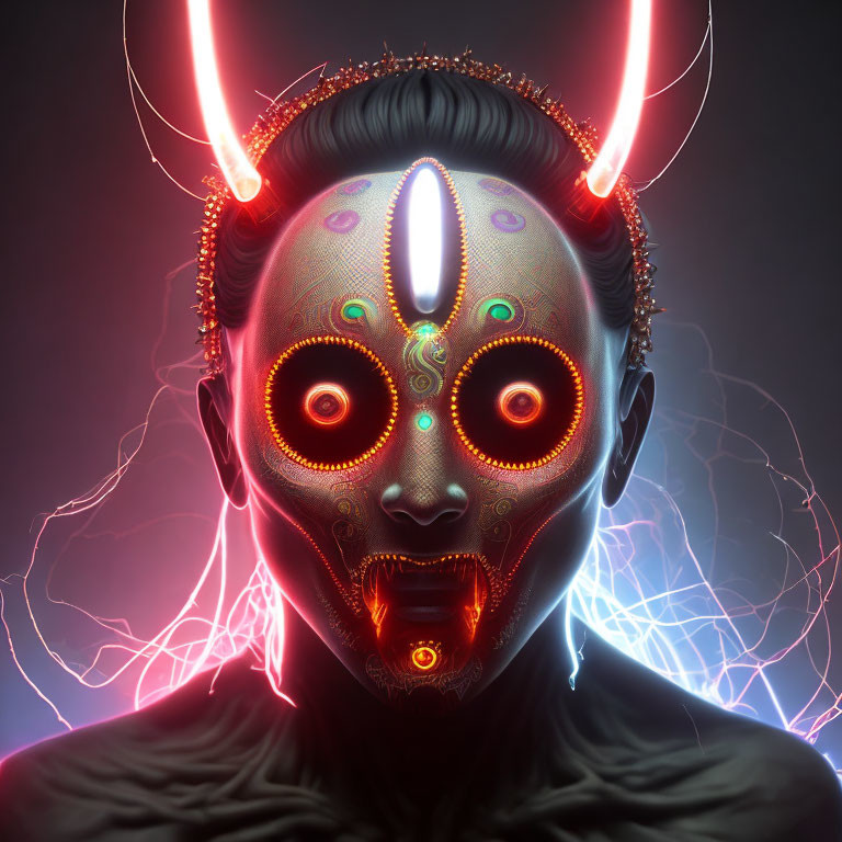 Neon-patterned humanoid figure with horns on dark background