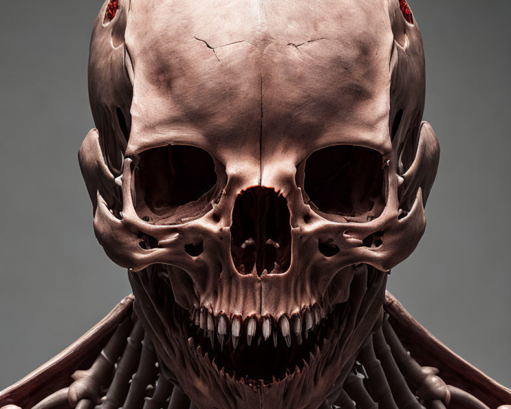 Stylized skeletal figure with oversized skull and pointed teeth on grey background