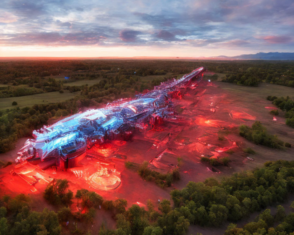 Futuristic train crash scene with vibrant emergency lights in dusk landscape