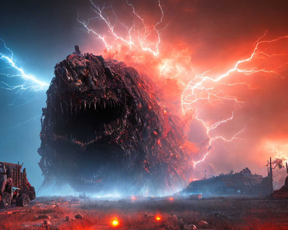 Glowing-eyed monstrous creature in dystopian landscape with fiery destruction