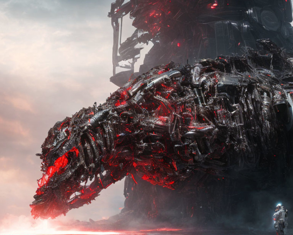 Giant mechanical creature with glowing red fissures in desolate landscape