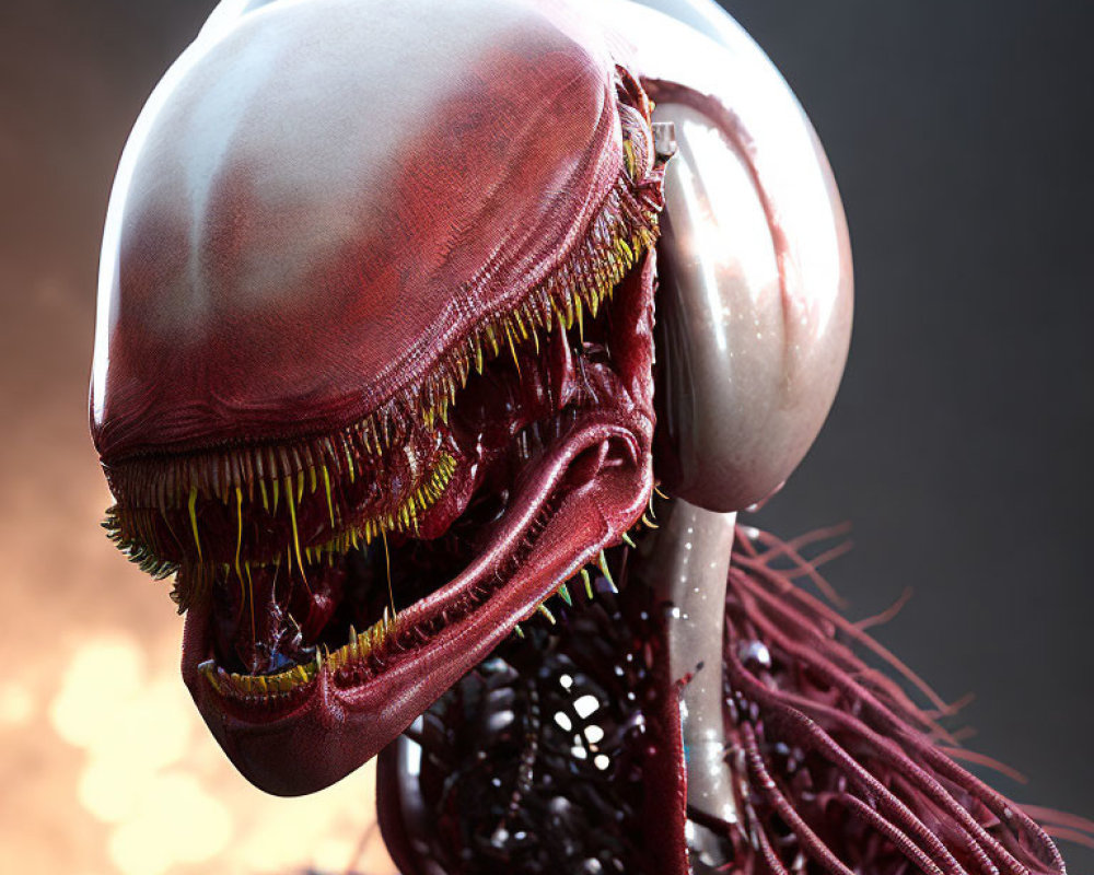 Detailed 3D rendering of alien with large cranium, sharp teeth, and tentacles